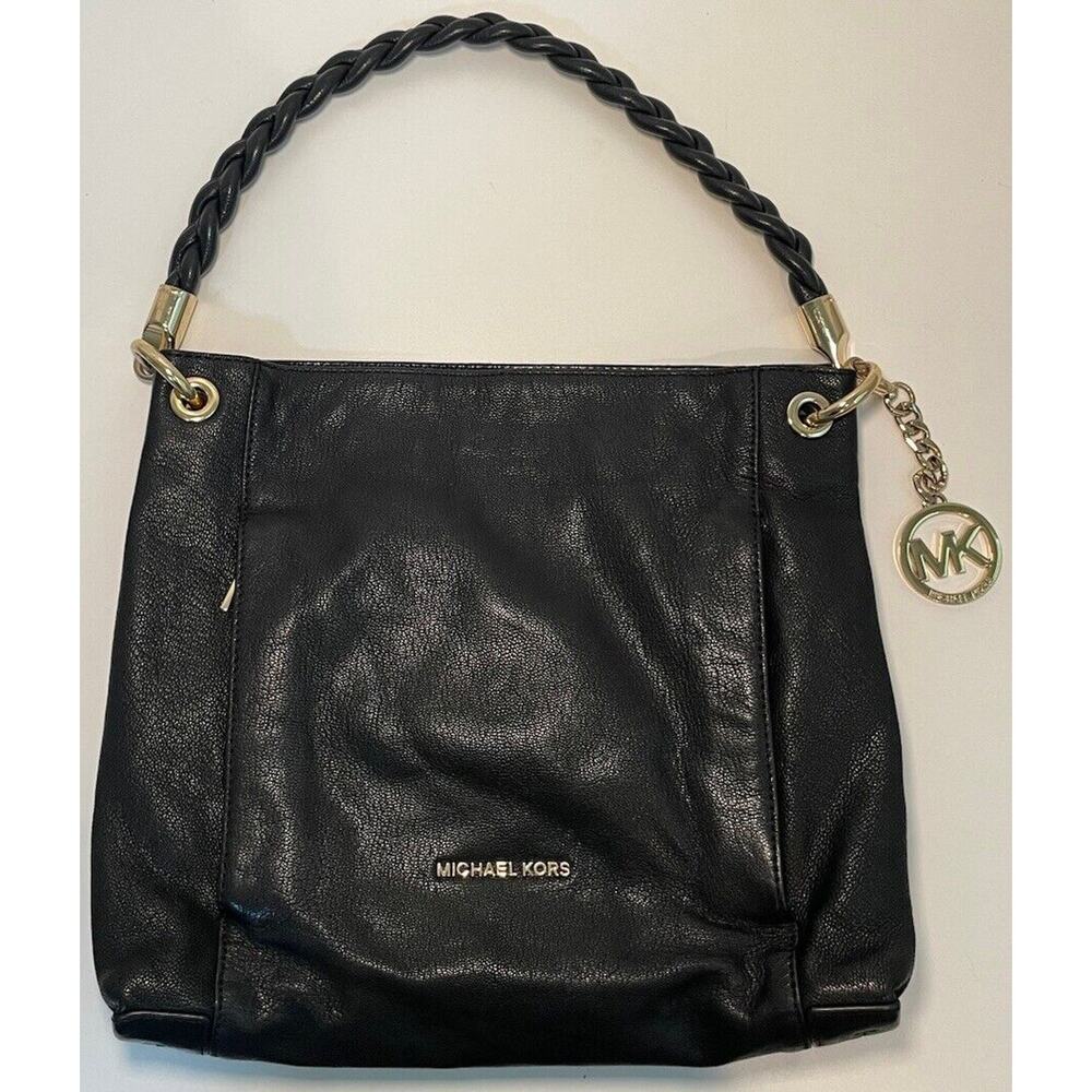 Michael Kors black leather Shoulder Bag Braided Strap Gold Logo Chain